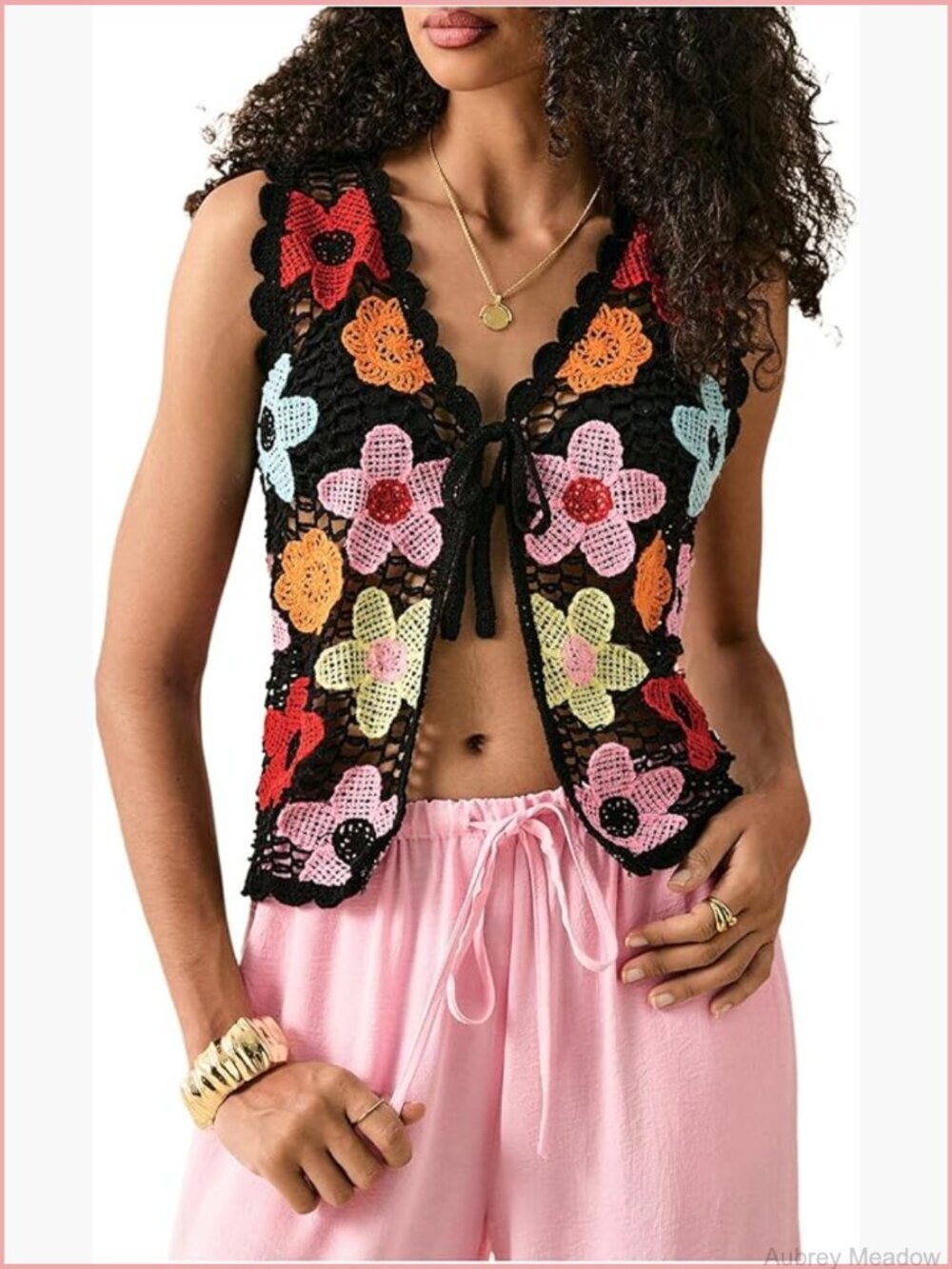 Crochet Boho Embroidered Sleeveless Button Up Knit Tank Top